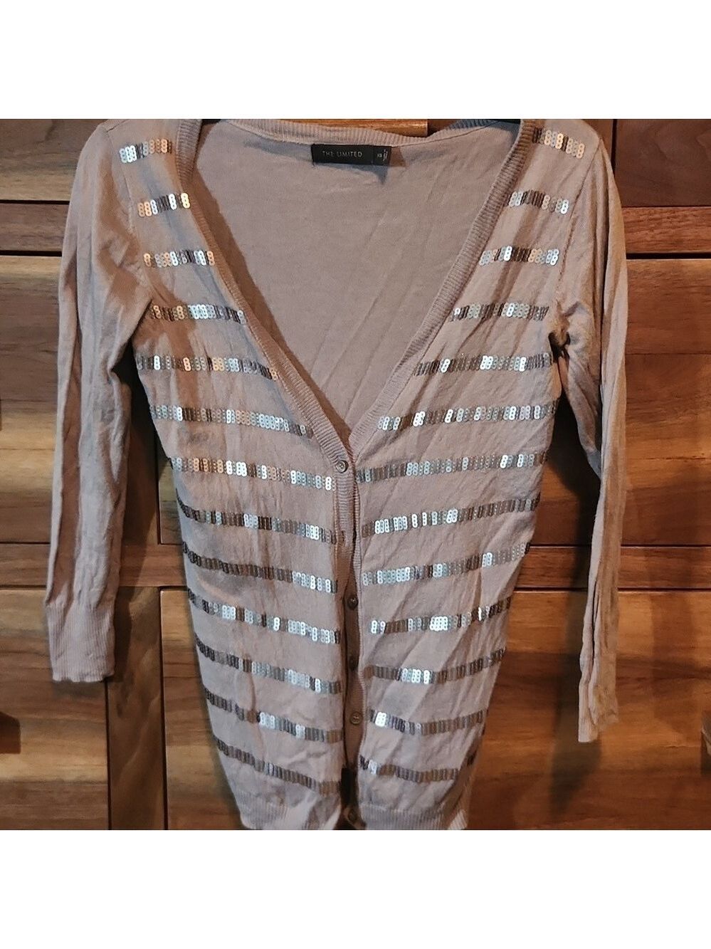 The Limited Classic Beige Button Up Xs Cardigan Sweater with Classy Sequin Strip